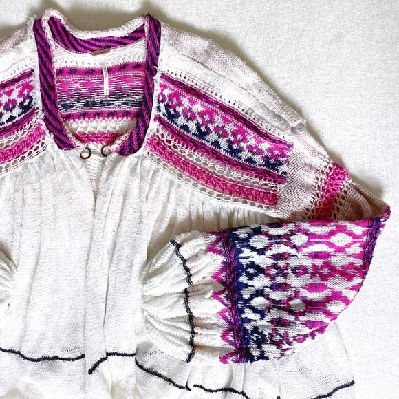 Free People Dreamland Knit Cardigan Womans Small Ivory Pink Balloon Sleeves - Picture 4 of 14